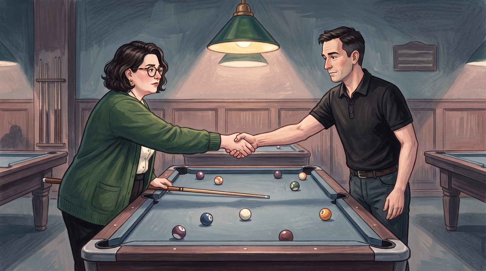 Illustration: two players shake hands over the corner of a billiards table after the match