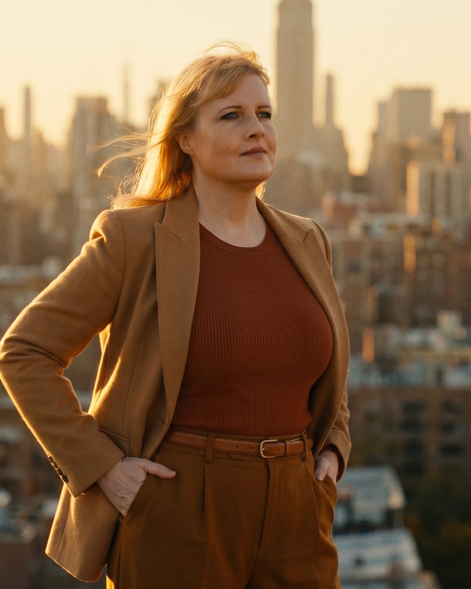 Dana Stoll on a rooftop in the morning sun, hands in the pockets of a camel coat, the city behind her
