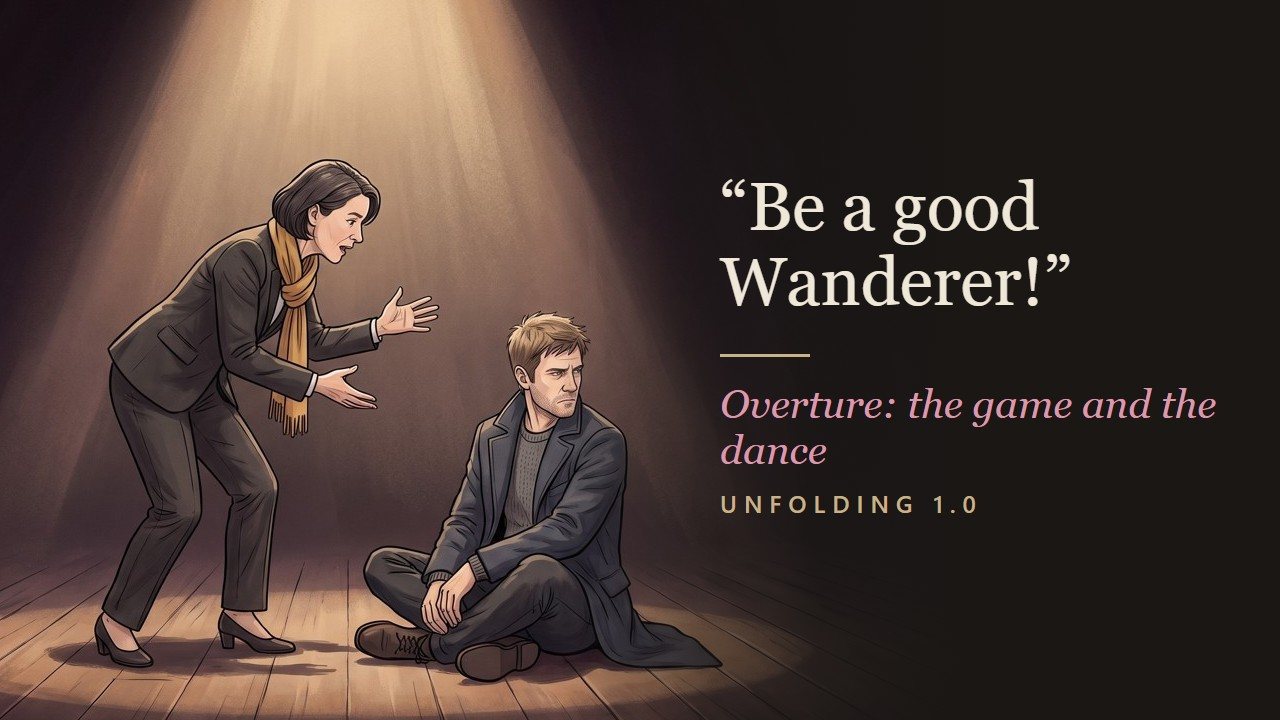 The quote “Be a good Wanderer!” beside an illustration of a woman in a suit leaning over a man who sits cross-legged on a bare stage. Overture: the game and the dance