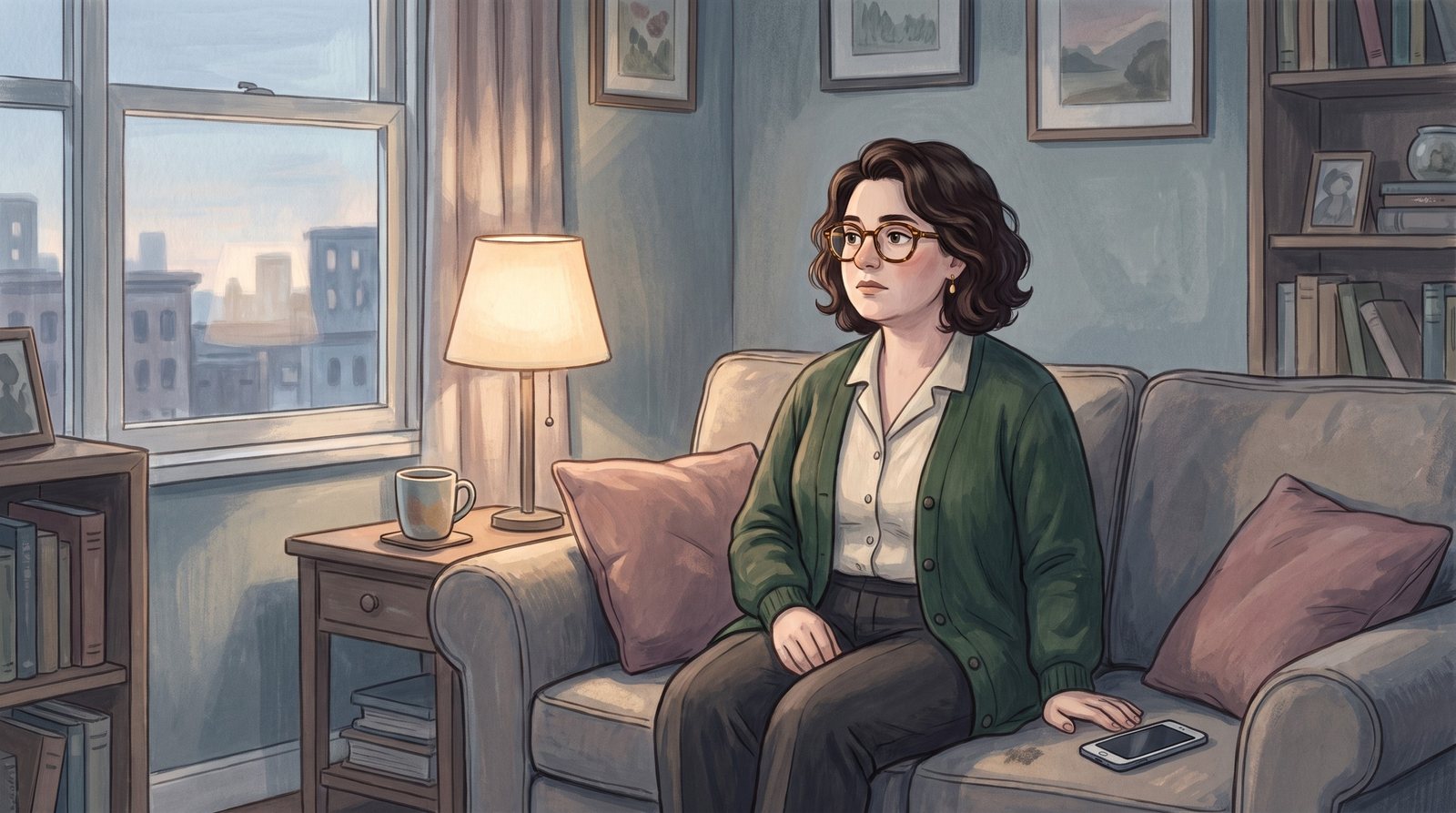 The Collector sits on her couch in the late afternoon, still and thoughtful, her phone untouched beside her