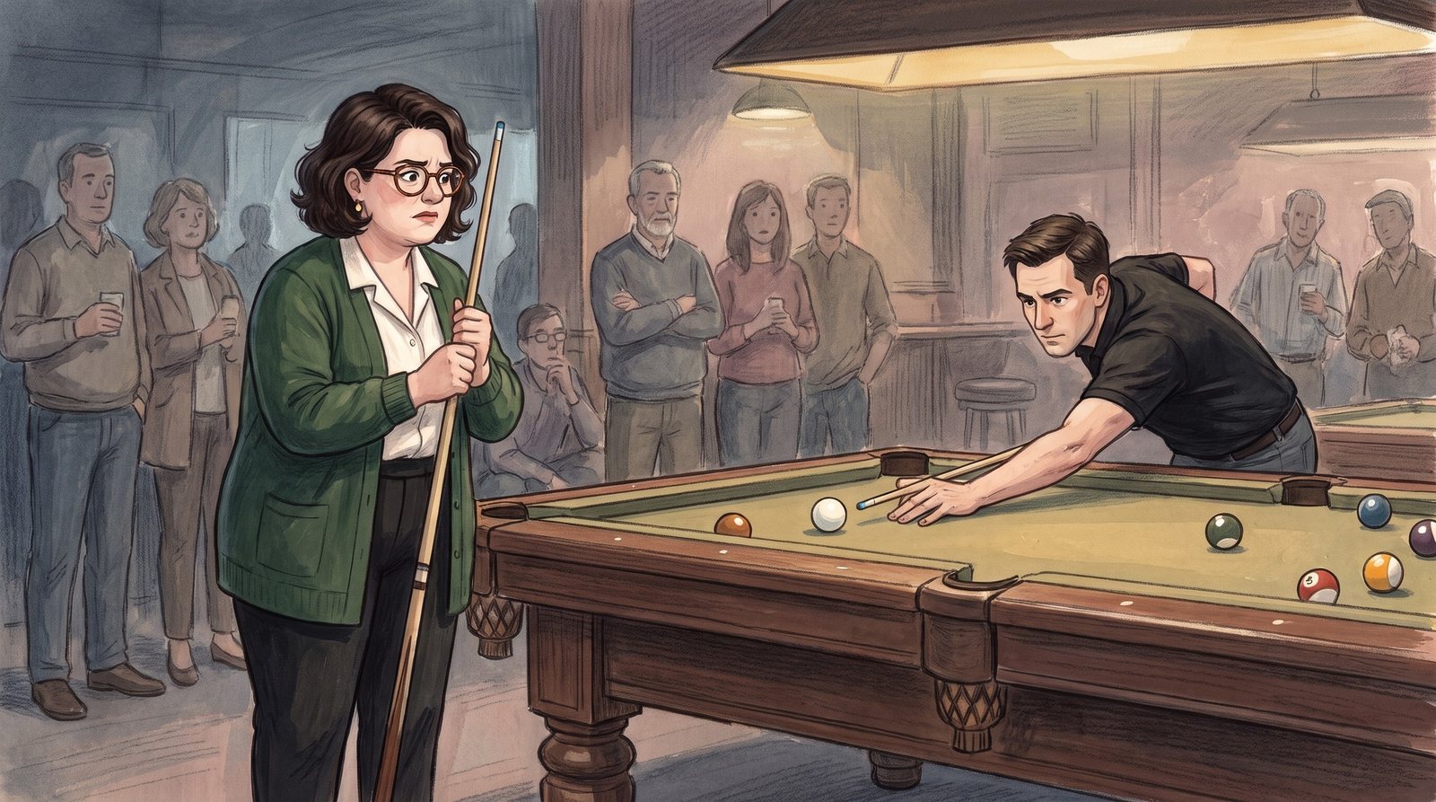 A billiards quarter-final: the Collector stands tense at the table, gripping her cue, while her opponent shoots