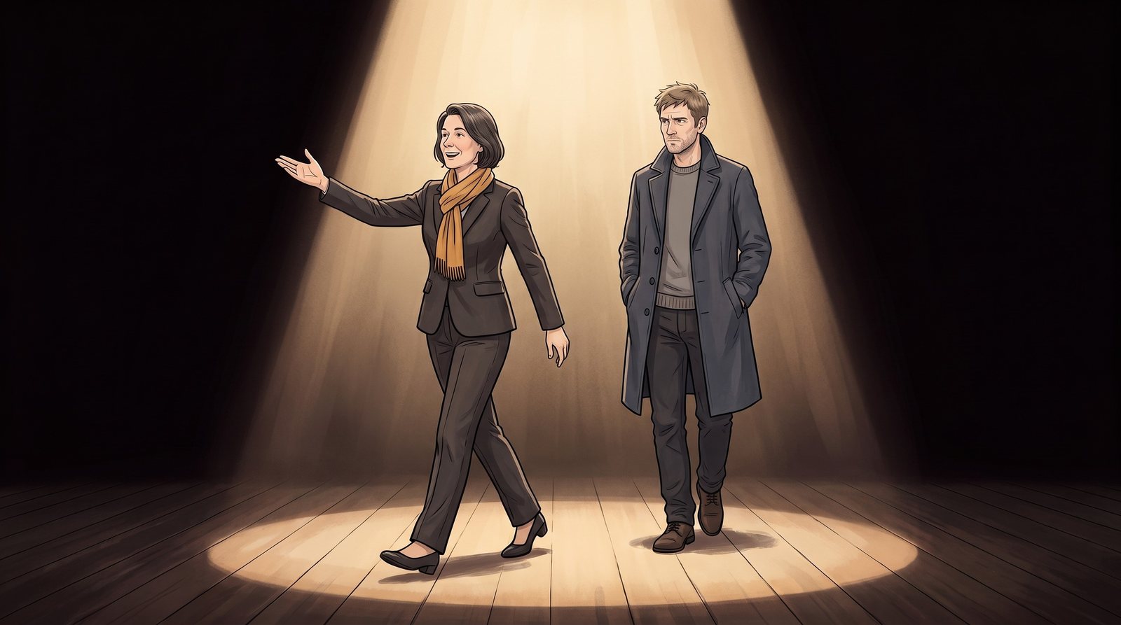 The Fosterer strides off the stage, full of enthusiasm; the Wanderer follows slowly, hands in his coat pockets