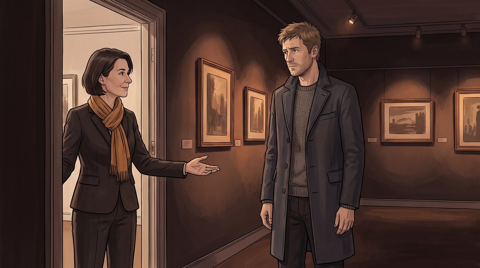 At a doorway, the Fosterer opens one hand towards the room beyond; the Wanderer looks in, considering