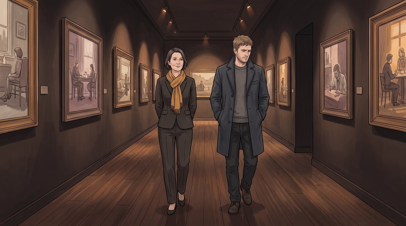 The Fosterer and the Wanderer walk side by side down a gallery corridor, the Wanderer thinking, the Fosterer quiet