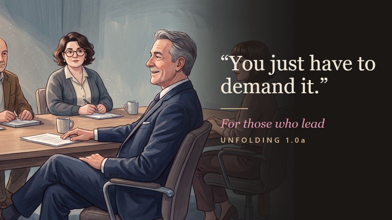 The quote “You just have to demand it.” beside an illustration of a boardroom where a man in a dark suit leans back, pleased with himself. For those who lead