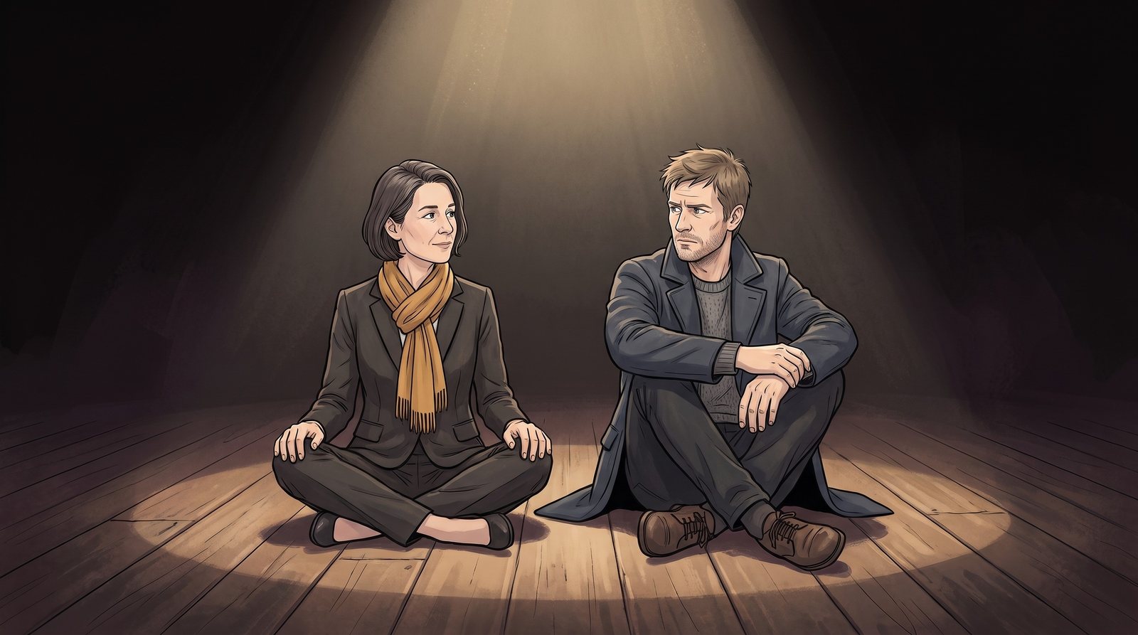 On the bare stage floor the Fosterer has sat down beside the Wanderer, shoulder to shoulder