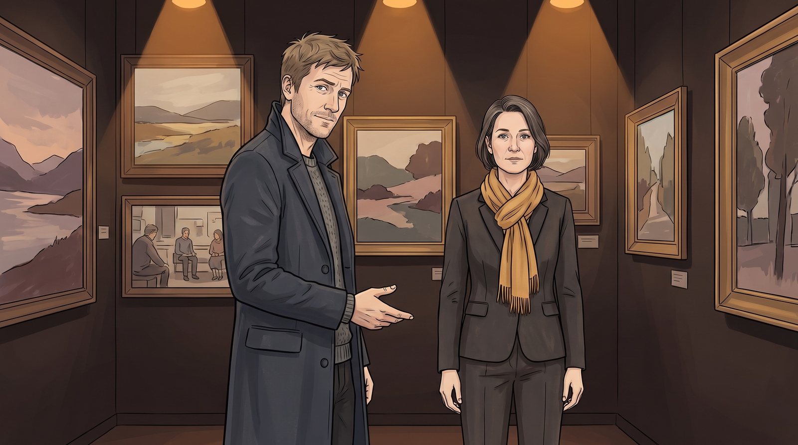 In the gallery the Wanderer gestures towards the viewer, an eyebrow raised; the Fosterer looks out, earnest