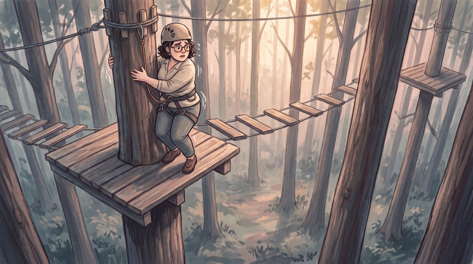 The Collector clinging to a tree trunk on the first platform of a high-ropes course