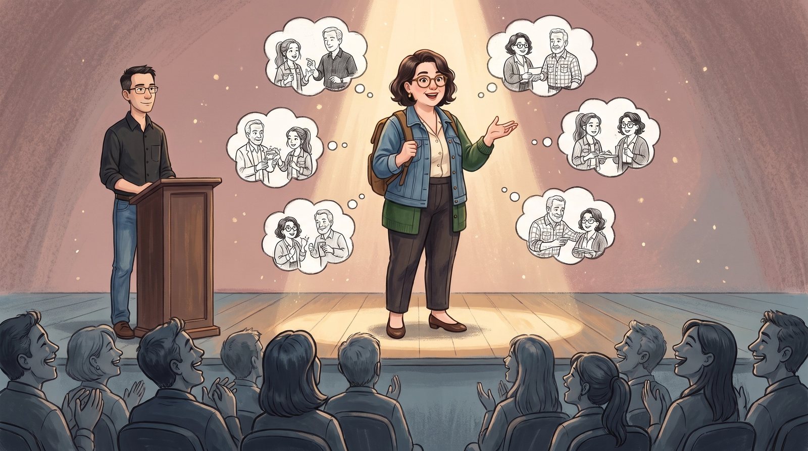 The Collector on a small stage, sketched pictures floating around her, the audience laughing