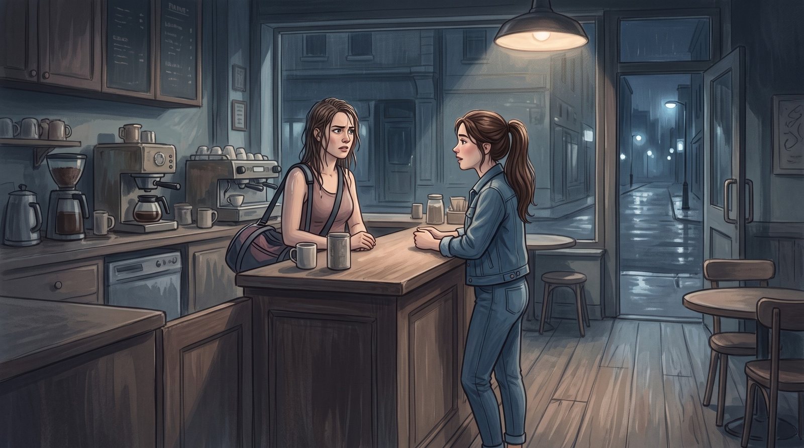 A coffee shop at night: the young Collector talking with a woman with wet hair