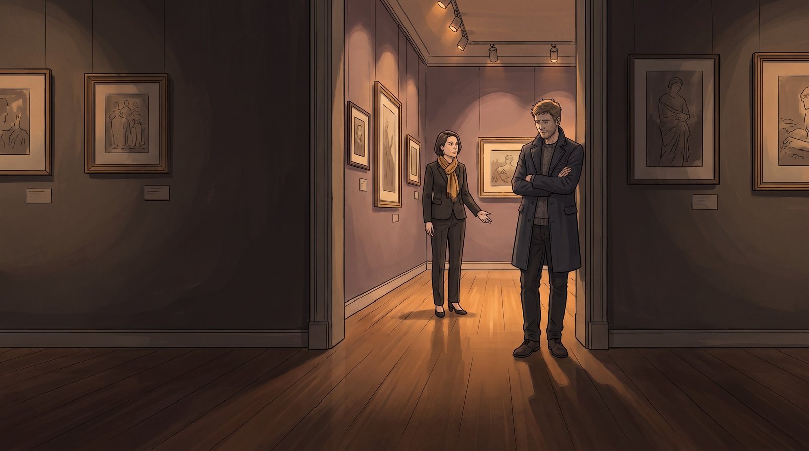 The Wanderer at the threshold of an exhibition room, arms crossed; the Fosterer a few steps inside