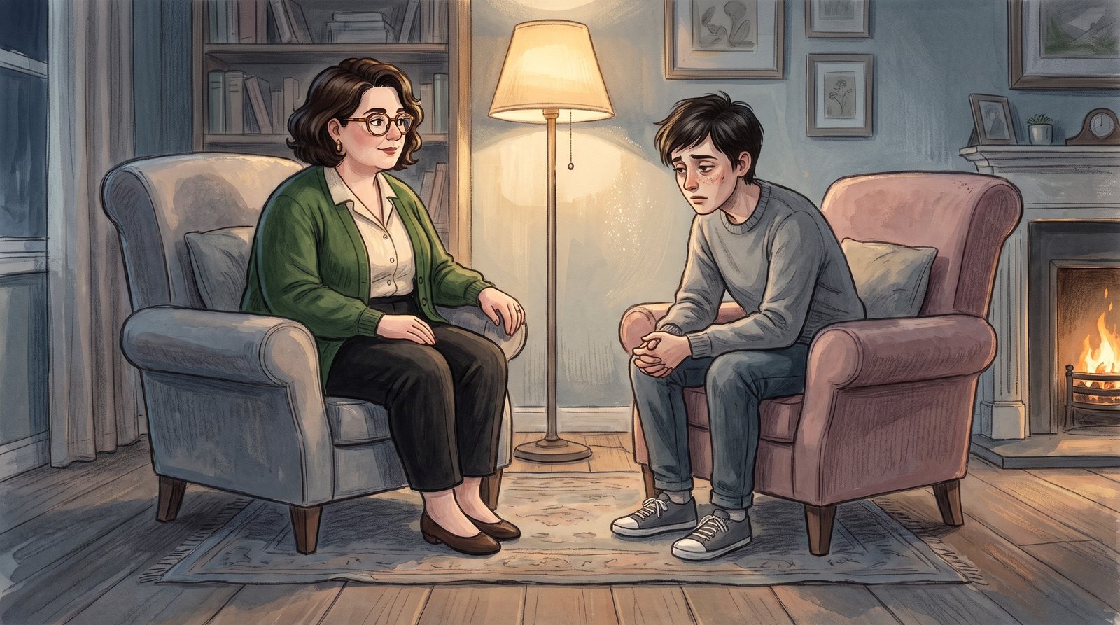 A quiet room in the evening: the Collector and a person in two armchairs, after a hard decision