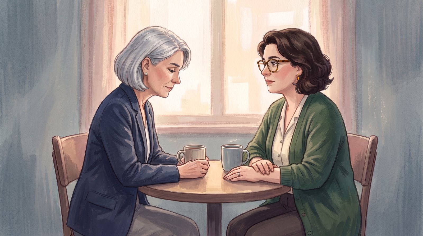 At a small table, a woman lets her shoulders drop; the Collector listens