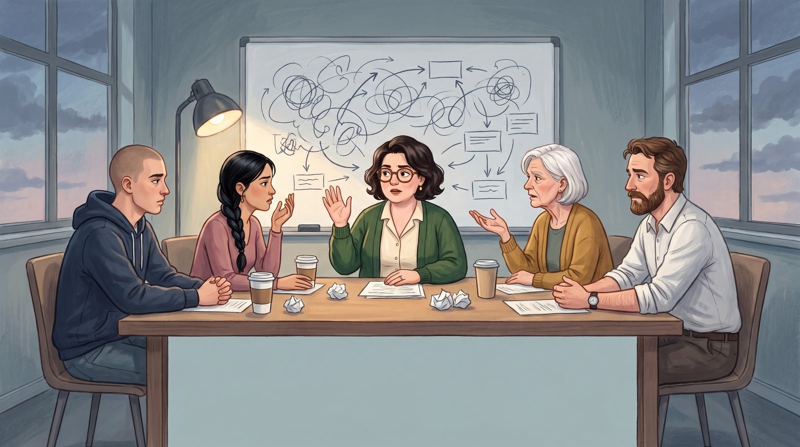 A meeting late in the day, a whiteboard full of scribbles; the Collector raises her hand to summarise