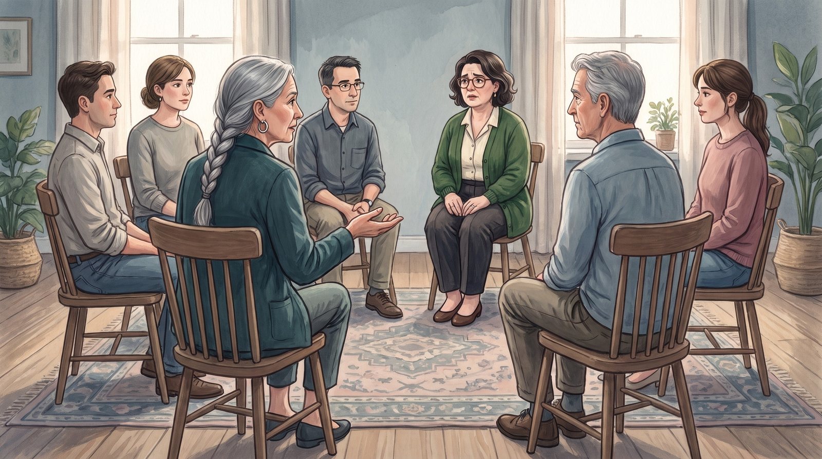 A supervision group in a circle: the supervisor leans forward and asks the Collector a question