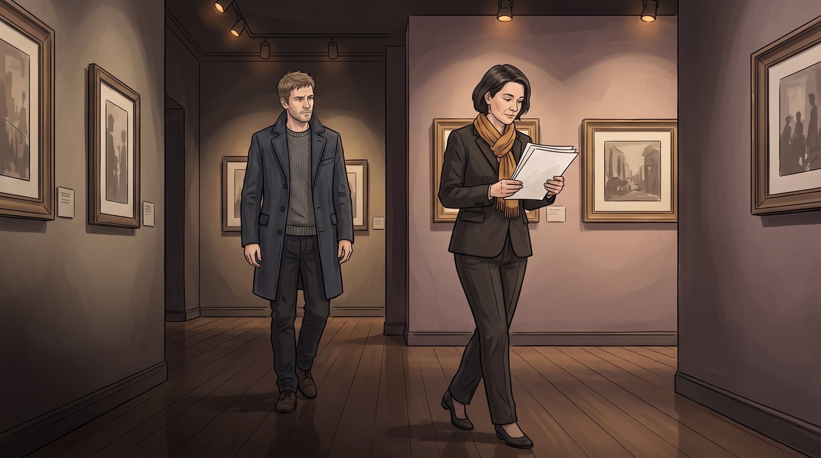 The Fosterer walks into a new exhibition room reading a few sheets of questions; the Wanderer follows a step behind