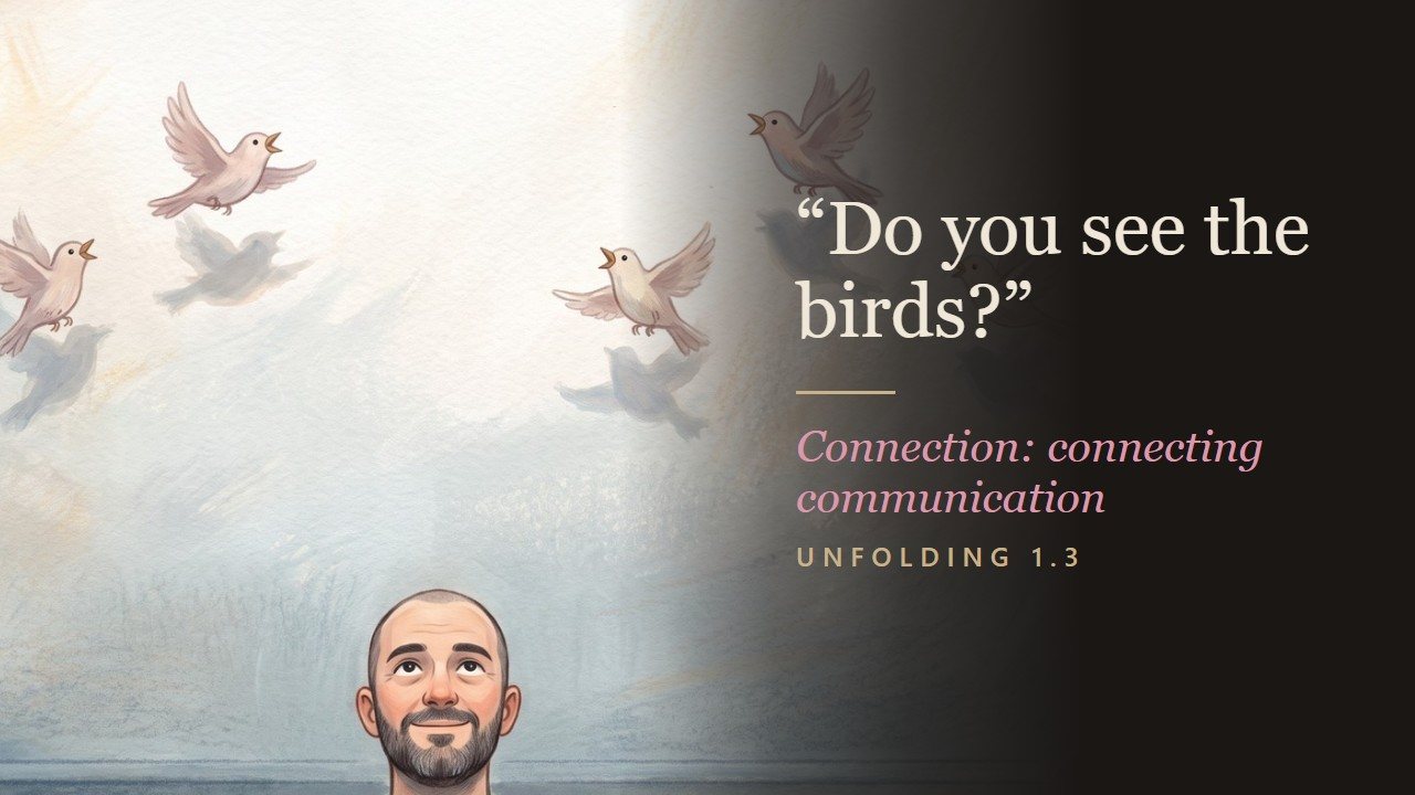 The quote “Do you see the birds?” beside an illustration of small painted birds under a high white ceiling and a man looking up, smiling. Connection: connecting communication
