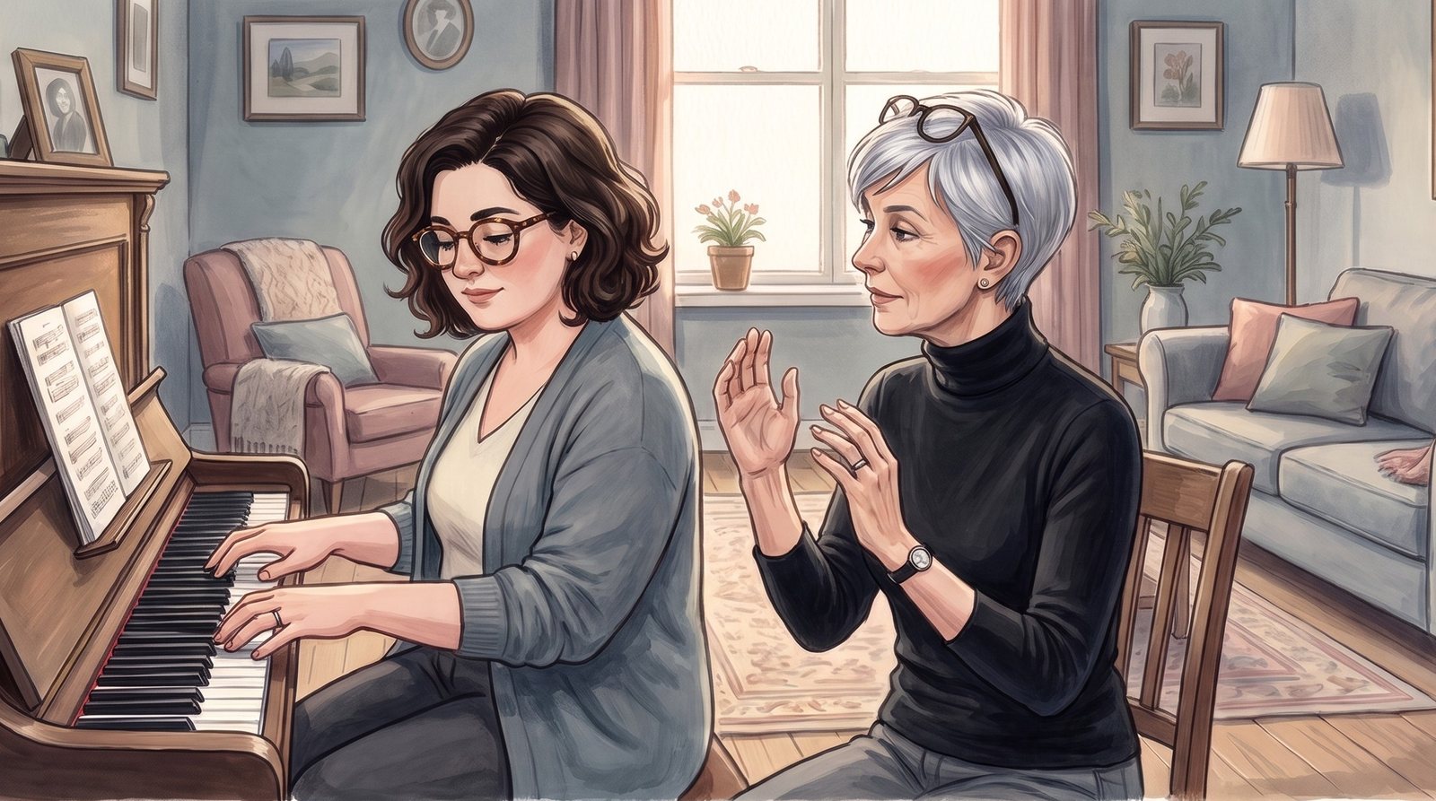 A piano lesson: the Collector plays; the teacher with silver hair, turned towards her, shows a loose wrist with her own hands