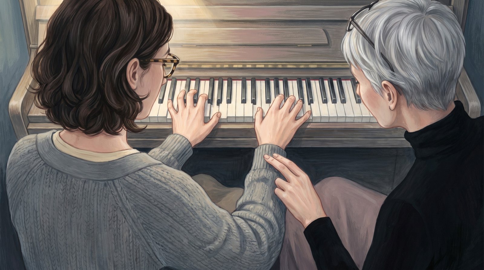 Seen from behind at the piano: the teacher touches the Collector's forearm lightly with two fingers while she plays