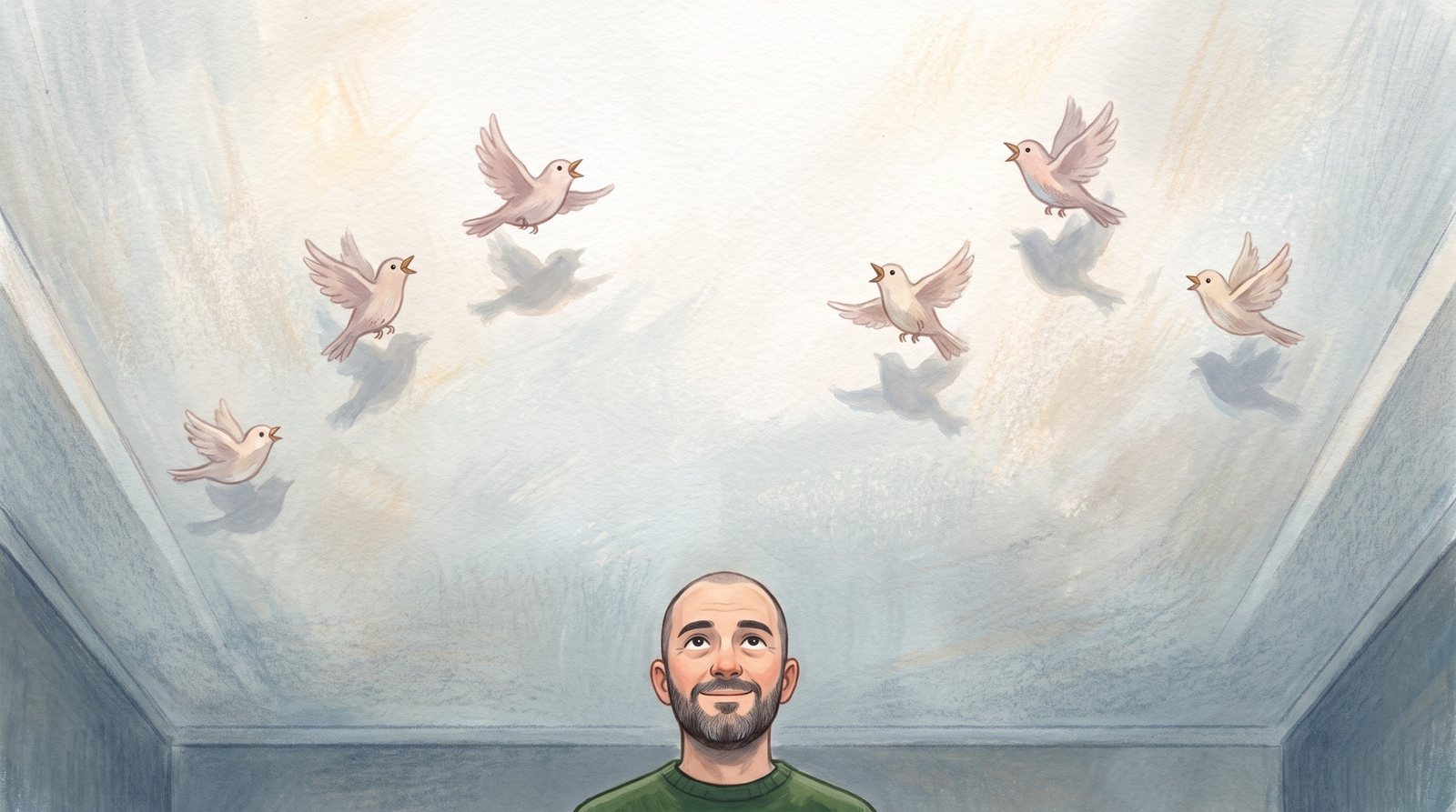 Small painted birds flutter under a high white ceiling; the seminar leader looks up and begins to smile