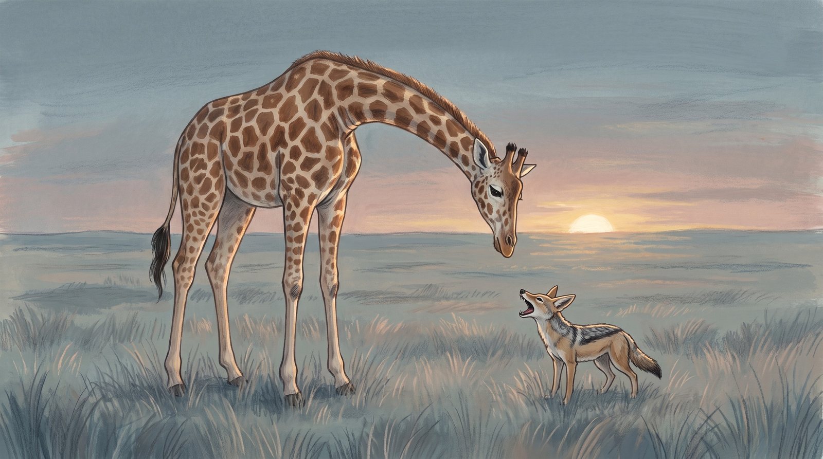 A giraffe bends its neck down kindly; beside it a jackal yaps