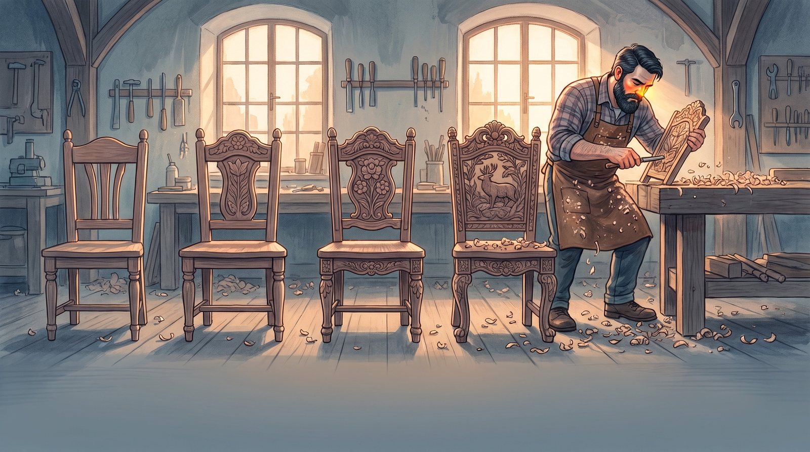 A furniture workshop: four carved chairs in a row, each more beautiful than the last