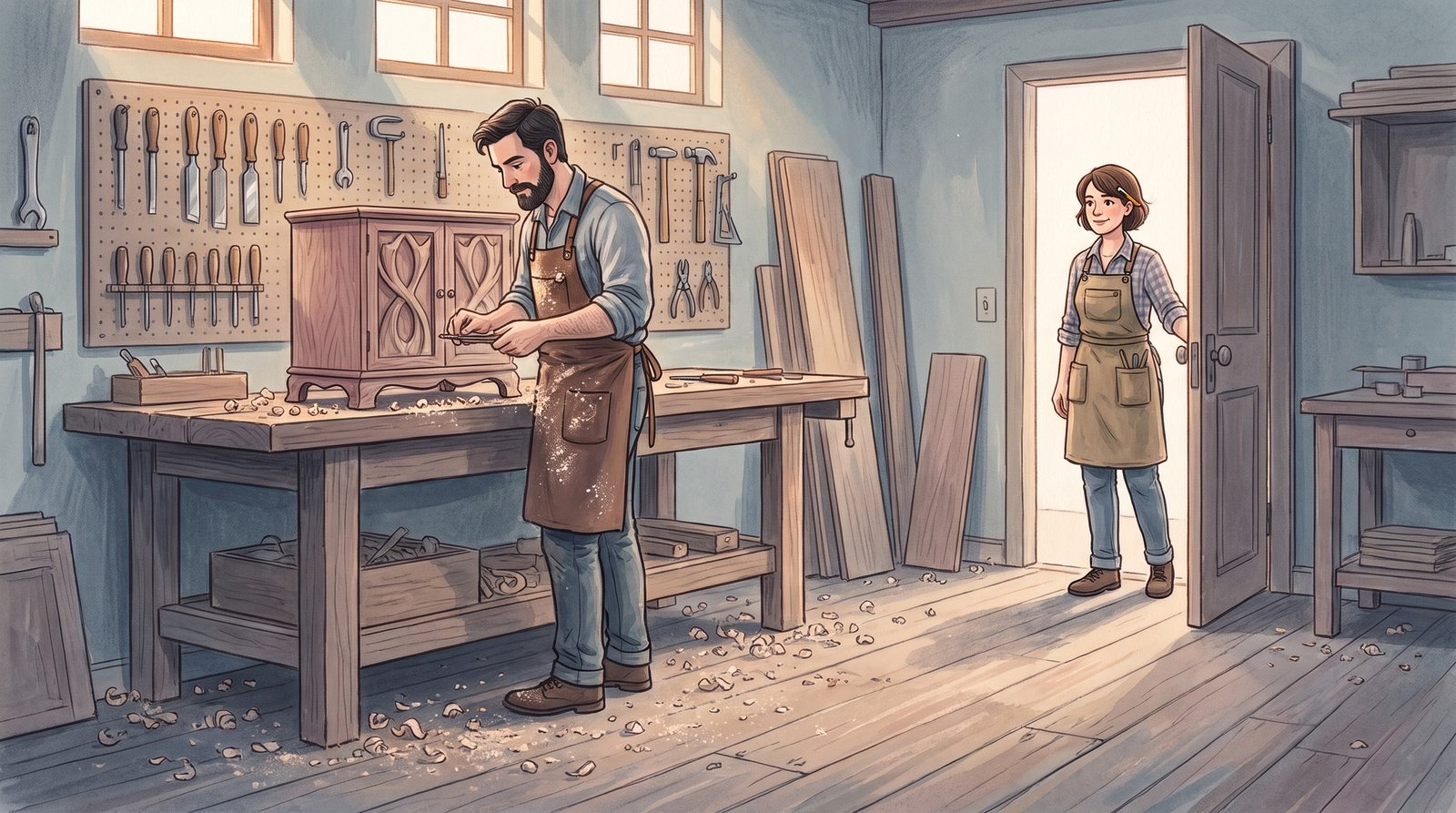 The craftsman works on a one-off cabinet, his tools in perfect order; the workshop manager looks in with a smile