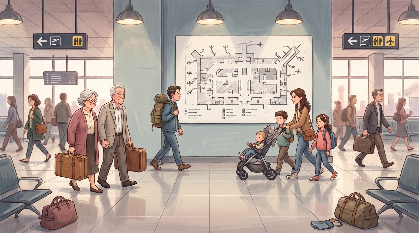 An airport hall: travellers follow the departures board and the signs; nobody looks at the big floor plan