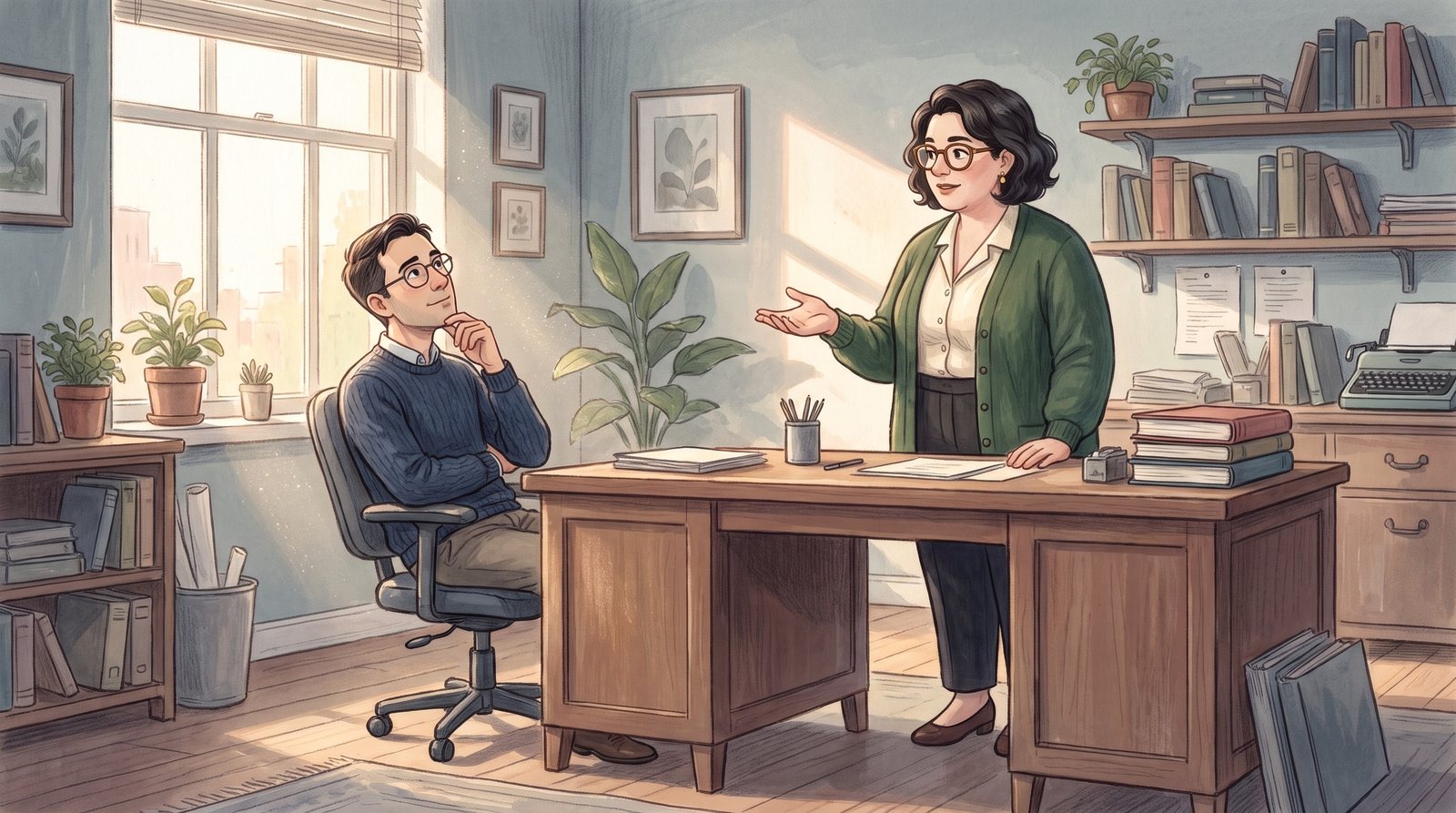 The Collector asks a colleague something with an open hand; he leans back and takes his time