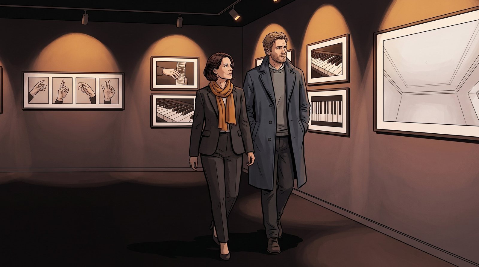 The Wanderer walks beside the Fosterer into a room with pictures of hands, piano keys and an empty ceiling