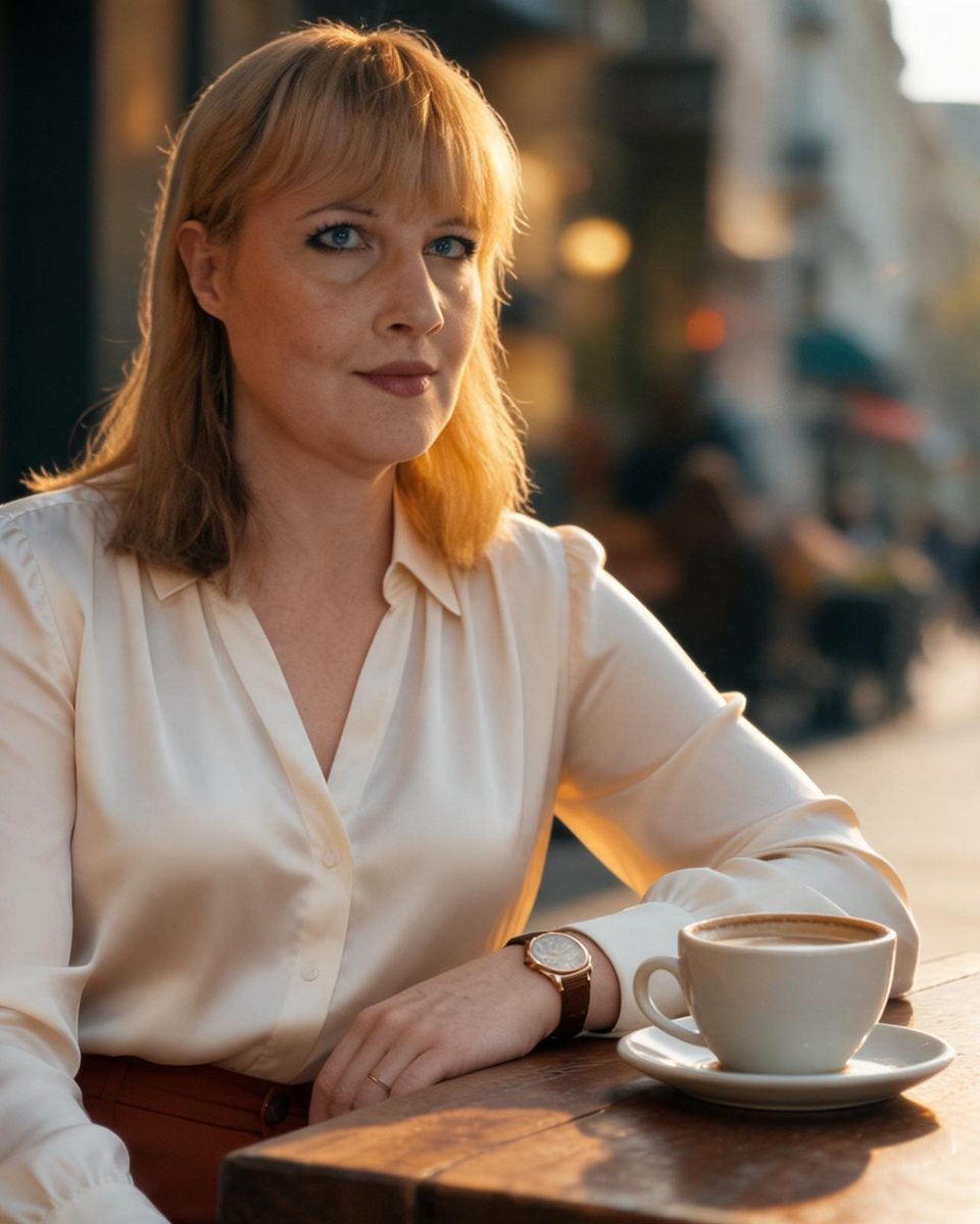 Dana Stoll at a café table in the morning sun, in a cream blouse, a cup of coffee in front of her