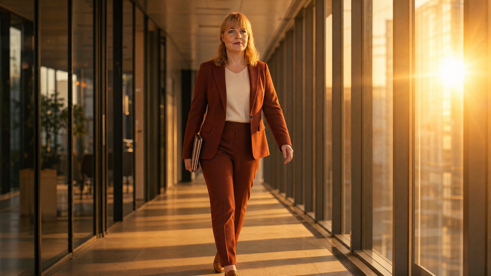 Dana Stoll walking towards the camera through a glass corridor in the morning sun, in a rust-red suit, a folder under her arm