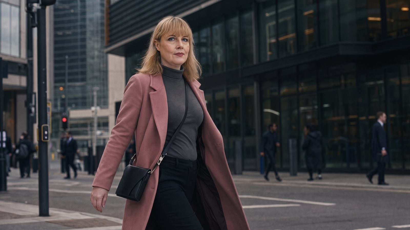 Dana Stoll crossing a city street in a mauve coat
